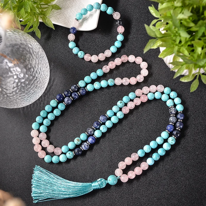 8mm Blue Turquoise Rose Quartz Blue Sodalite Beaded Mala Necklace Meditation Yoga Blessing Rosary 108 Japamala Jewelry Sets