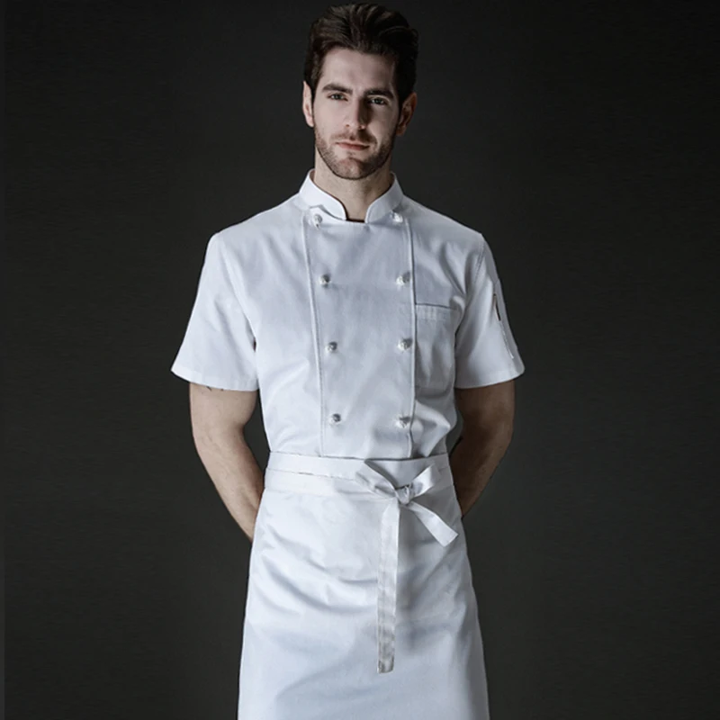 ฤดูร้อน Chef Double Breasted Chef แจ็คเก็ตโรงแรมร้านอาหารเบเกอรี่ Workwear ผู้ชาย Cook Professional ชุดเสื้อสีขาว