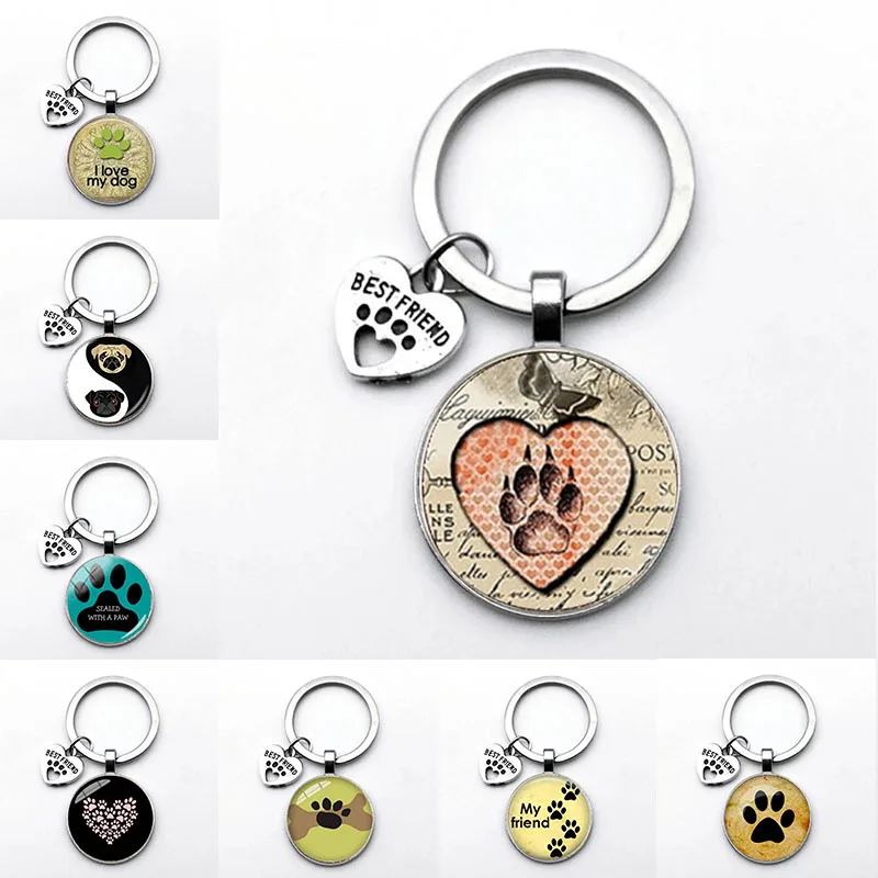 

2021 Fashionable And Cute Animal Paw Print Keychain For Cats And Dogs I Love Glass Pendant Mini Heart Keyring Men And Girls Favo