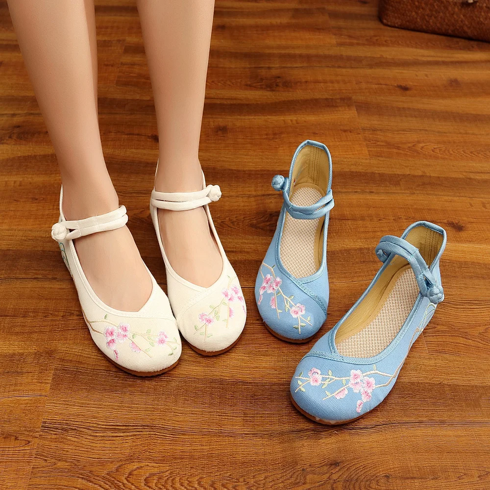 Veowalk Ankle Strap Women Chinese Embroidered Canvas Ballet Flats Comfortable Ladies Casual Cotton Embroidery Ballerina Shoes