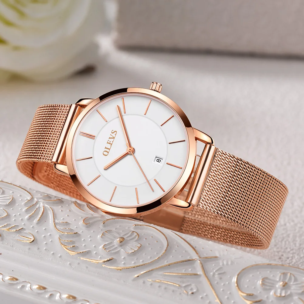 OLEVS-Montre à Quartz Étanche pour Femme, Acier Inoxydable, Or Rose, Coffret Cadeau, Luxe