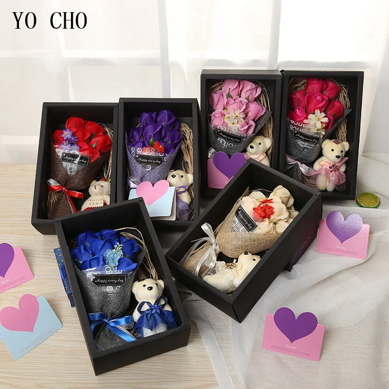 YO CHO 7pcs Scented Soap RoseFlower Petal Bear in Gift Box For Valentines Wedding Valentines Mothers Day Gifts Rose Soap Flower