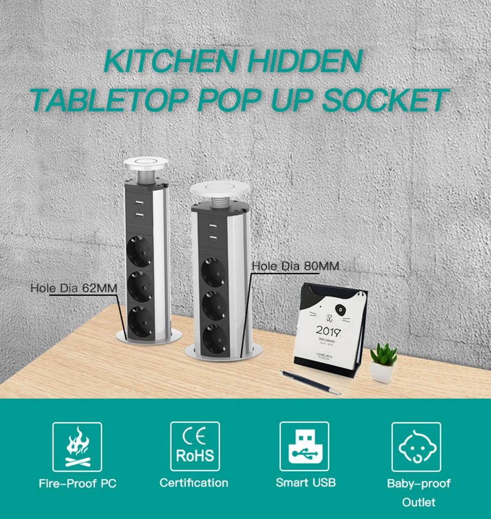 

Multifunctional Professional Kitchen Table Switch USB Socket EU Plug Waterproof Cabinet Hidden Intelligent Lifting Office Socket