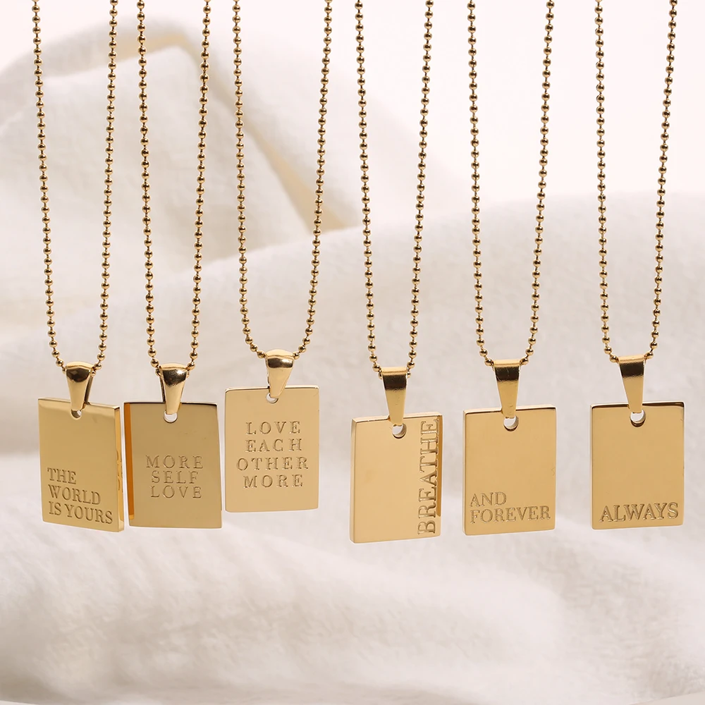 Stainless Steel Inspirational Necklace PVD Gold Plated Engraved Letters Square Pendant Beads Chain Necklace for Women Girl Gift