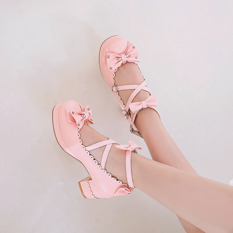 Women Lolita Cosplay Shoes Girls Bows Sweet Chunky Cross Strap Block Heel Mary Jane Pumps Cloth Inner Japanese Harajuku Style