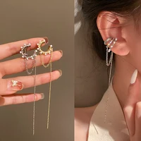 Boucles d'oreilles à Clip multicouches de luxe pour femmes, géométrique brillant, perle de Zircon, os d'oreille, sans perçage, longue chaîne, pompon 1