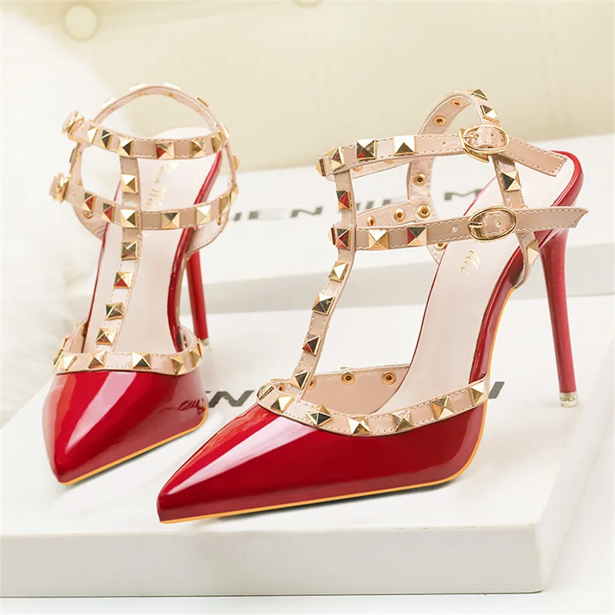 

2025 New Rivet Double Buckle Fashion Women Sandals High Heels Pointy Toe Hollow Party Shoes Stiletto Patent Leather Female Pumps