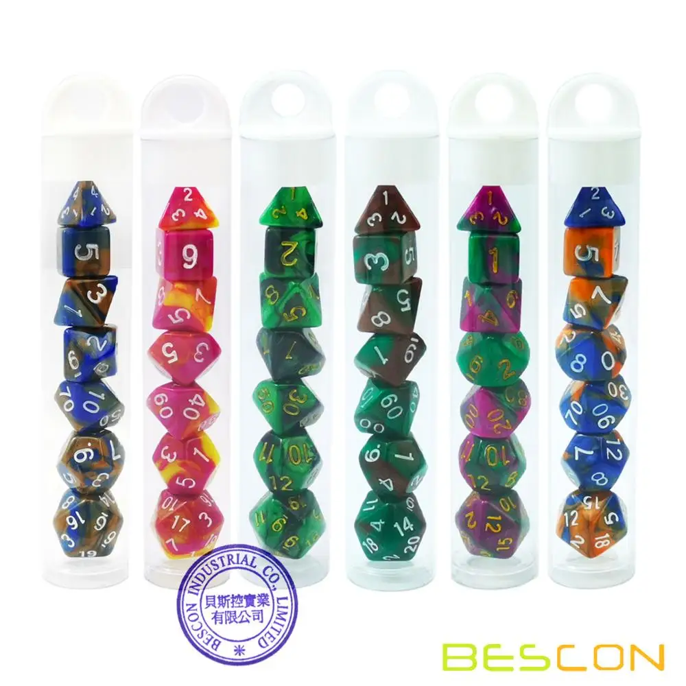 Bescon Mini Two Tone Polyhedral RPG Dice Set 10MM, Small Dice Set D4-D20 in Tube, 7pcs set