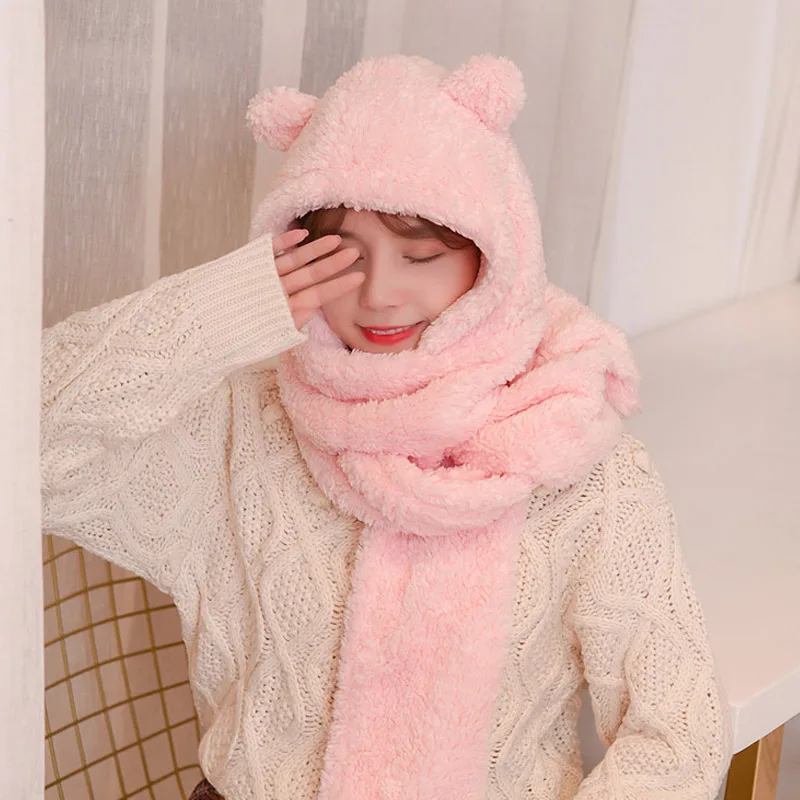 Winter Hat Women Thick Hat Scarf One Two-Piece Korean Version Parent-Child Warm Thickening Scarf Students Black White Pink