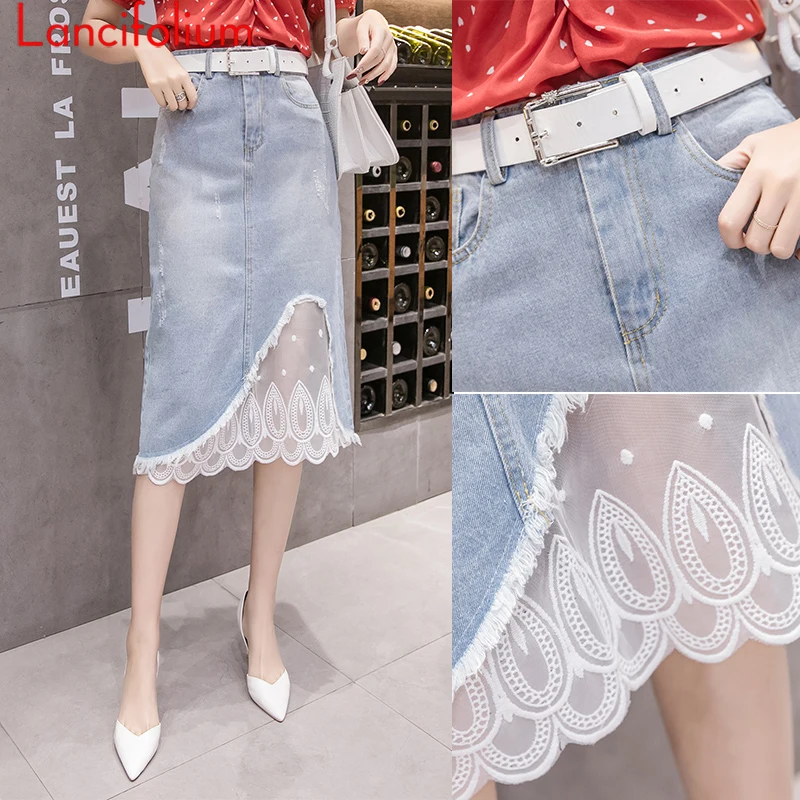 

Summer Women 2021 Y2k Egirl Kawaii Harajuku Korean Cute Jeans Mesh Lace Patchwork Elegant Smile Ripped Distress Midi Denim Skirt