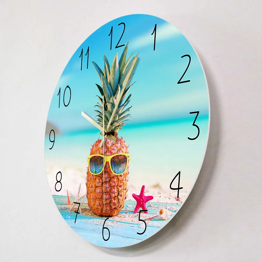 Pineapple With Sunglass On Seahore Summer Wall Clock Modern Design Botannical Fruit Kitchen Wall Clock Dinning Room Art Decor