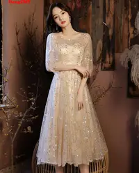 New Short Sequin Tulle Champagne Color Prom Dress DongCMY Plus Size Elegant Robes Soirees A-Line Evening Party For Women