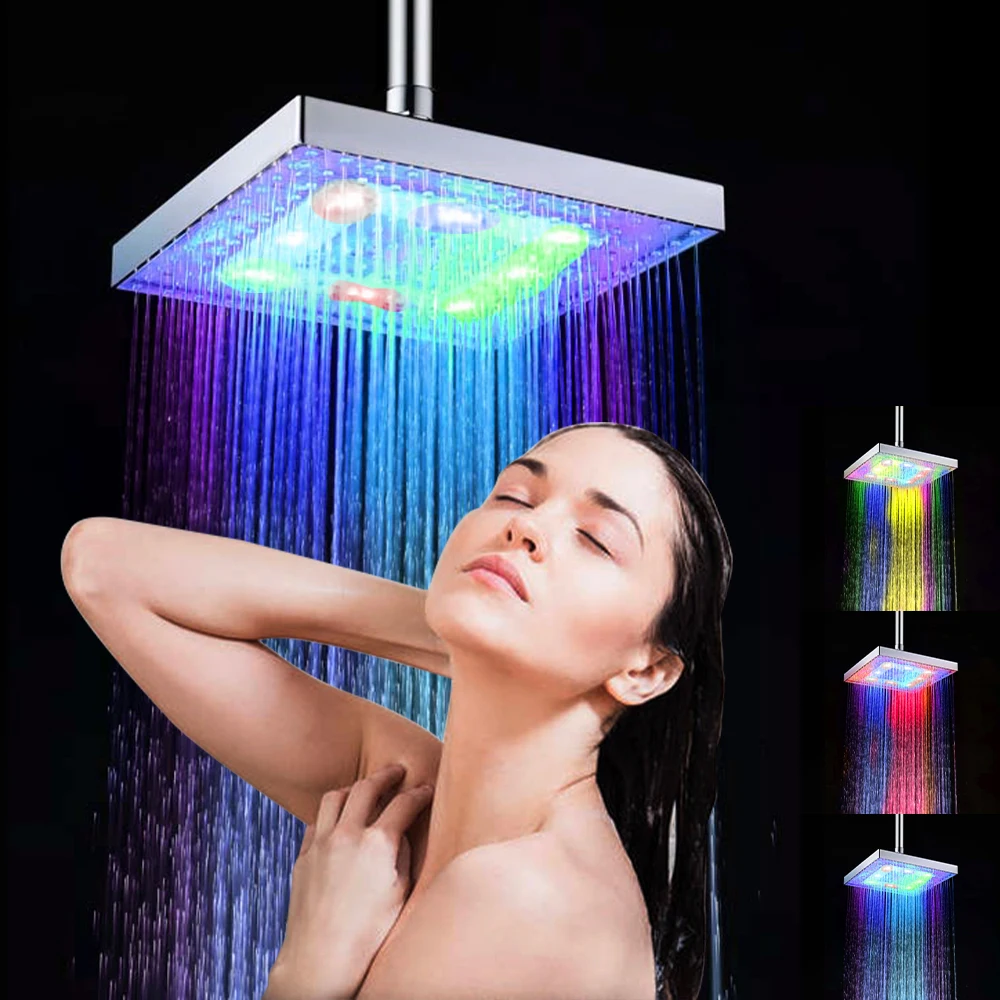 Cabezal de ducha LED cuadrado de lluvia, accesorios de baño de 8 pulgadas, RGB/varios colores, cambio automático