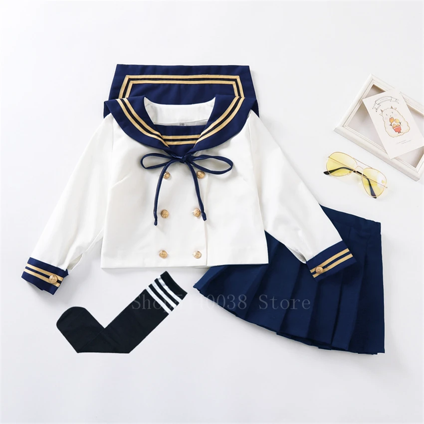 Japanse Stijl Kinderen Student School Uniform Sailor Navy Cosplay Jk Pak Plooirok Meisjes Lange Mouw Mooie Klasse Slijtage