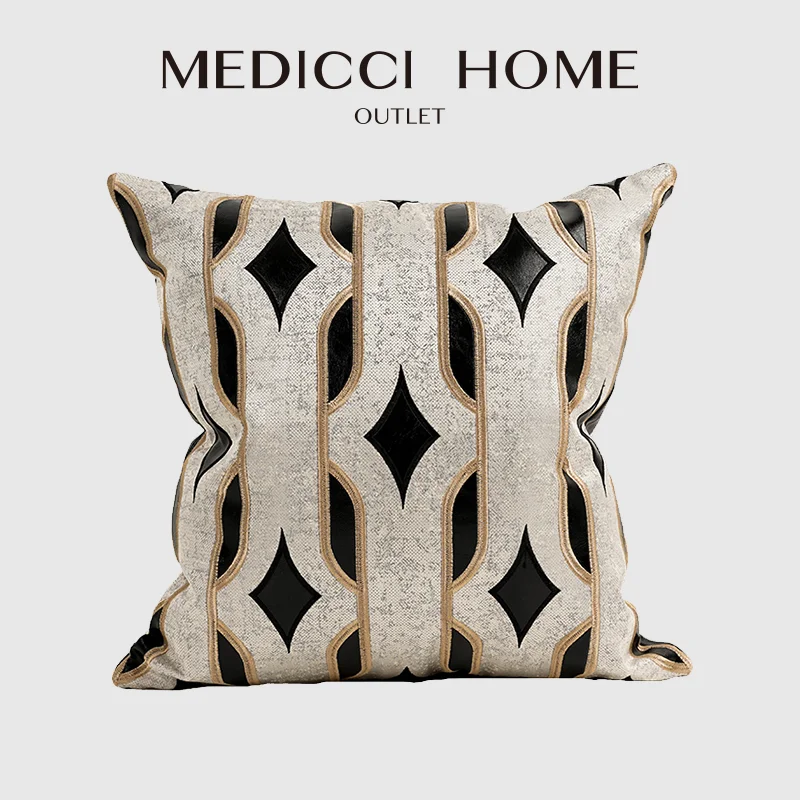 Medicci Home Highly Unique Cushion Cover Leather Patch Embroidery Modern Luxury Pillow Case Sitting Room Sofa Boutique Art Deco