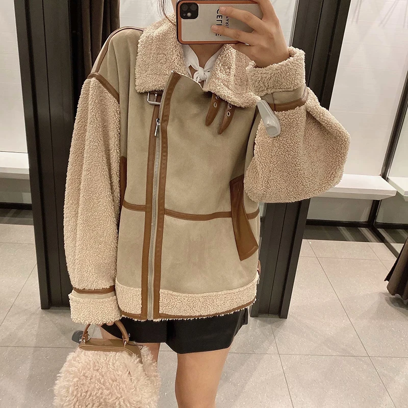 Women\'s Fashion Stitching Faux Leather Lamb  Jacket With Zipper Decoration Stand Collar Thickening Warm Winter New Jacket