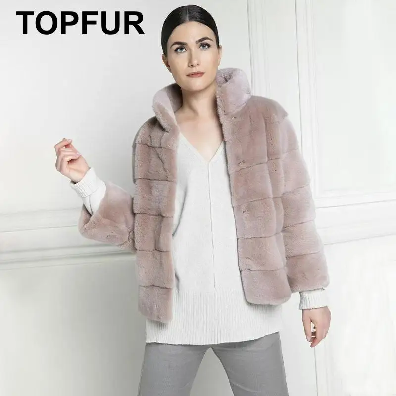 

TOPFUR Naked Pink Coat Women Winter Real Fur Coat Short Natural Mink Fur Coat Leather Jacket Nine Quarter Sleeves Plus Size