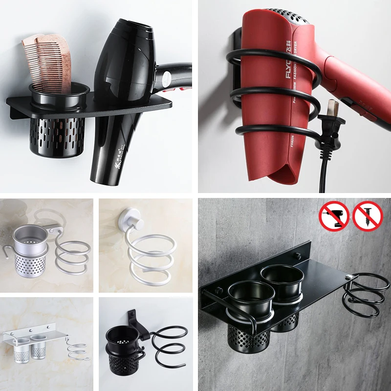 

Multi-function Bathroom Hair Dryer Holder Wall Mounted Rack Space Aluminum Shelf Storage Organizer Hairdryer Holder F1009