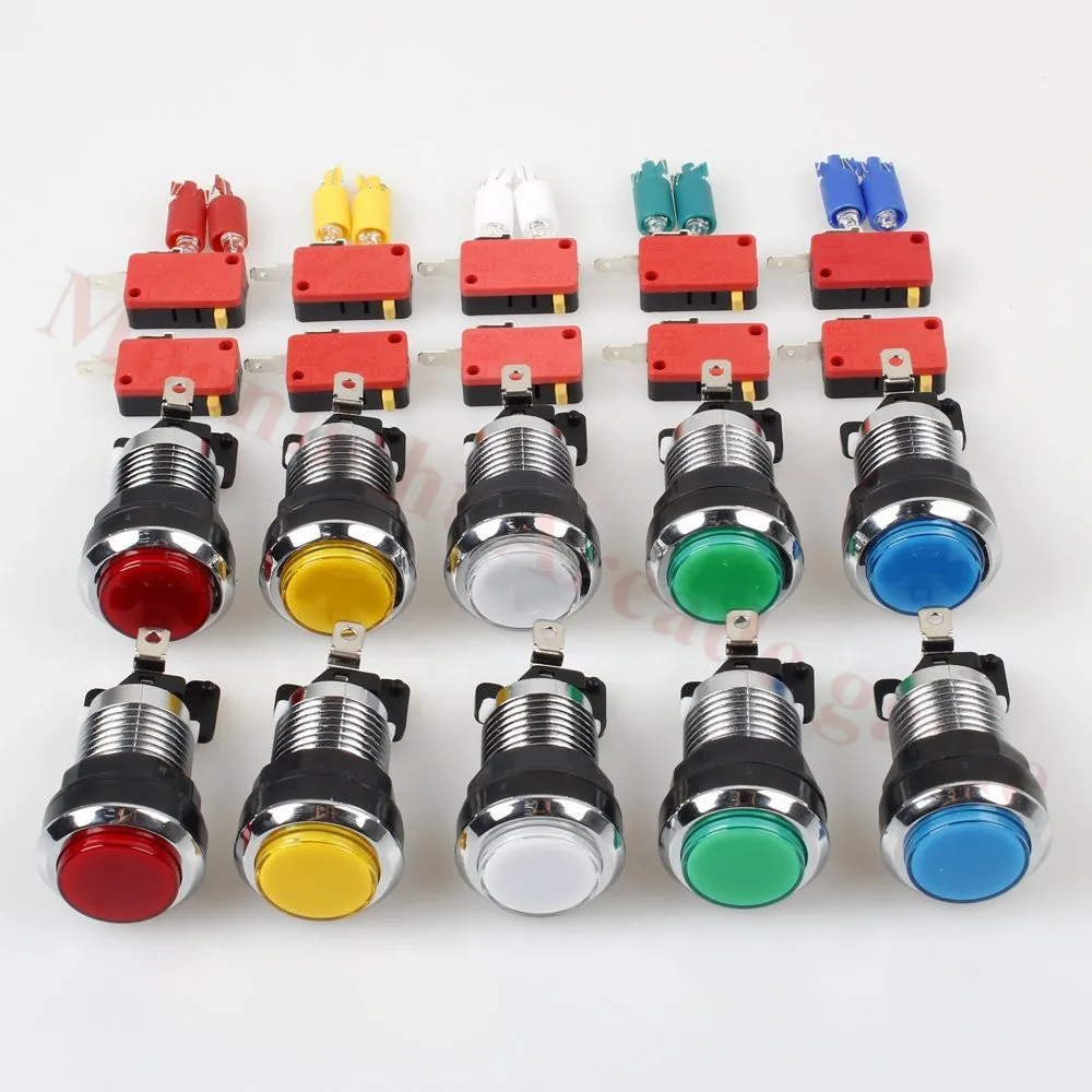 10 ชิ้น/ล็อต 32 มม.CHROME Illuminated Arcade PUSH ปุ่ม 12V LED อาเขต 1 P/2 P/เหรียญ PUSH ปุ่มไมโครสวิตช์ 5 สี