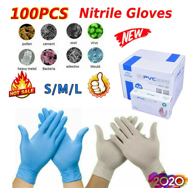 

100Pcs Disposable Powder Free Clear & Blue Vinyl Gloves Food Protection Safety Gloves(Small, Medium, Large)