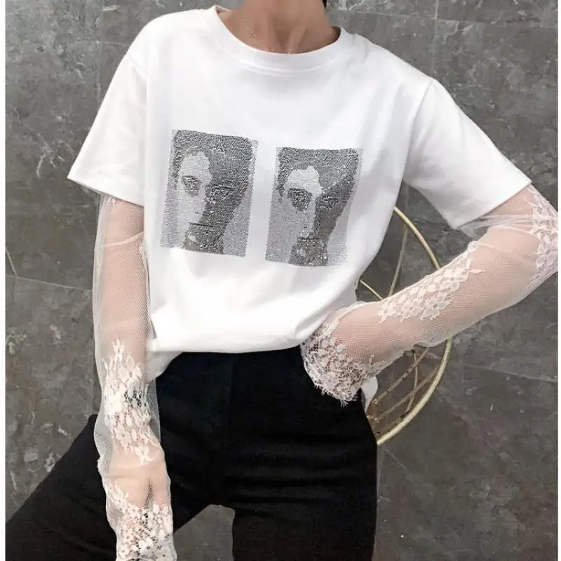 Summer All Cotton Stitching Lace Sexy Long Sleeves Women T Shirt Hot Drilling Character Avatar Fake Two Tees Black Tops Female