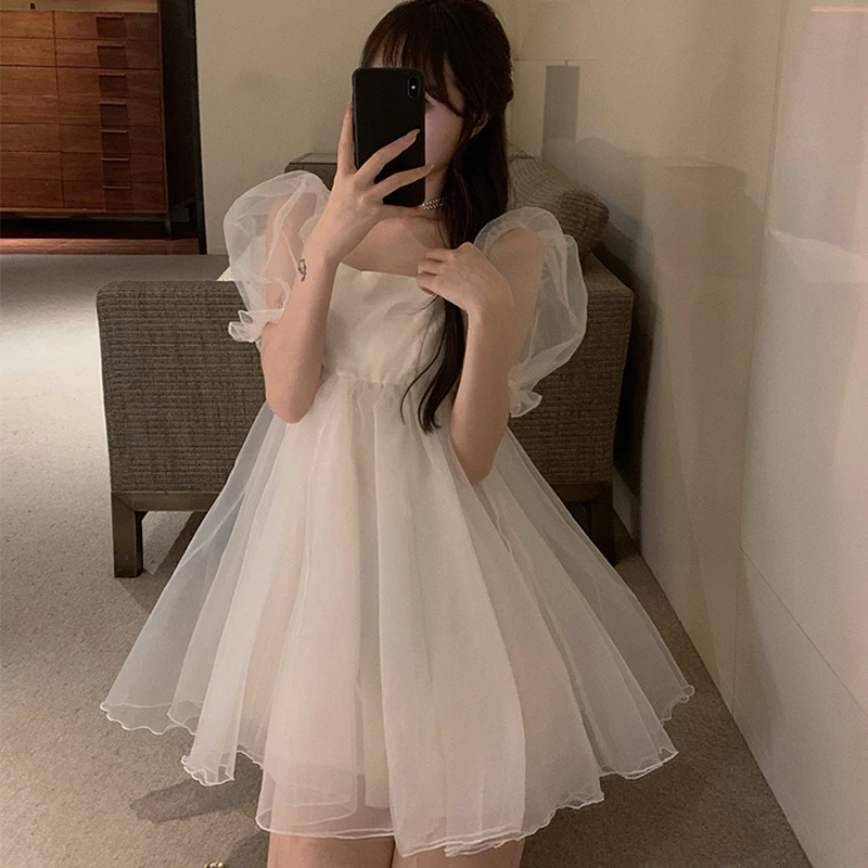 French Puff Sleeve Fairy Dress Women Sweet Backless Mesh Party Mini Dress 2021 Japanese Kawaii Evening Victorian Dress Korean