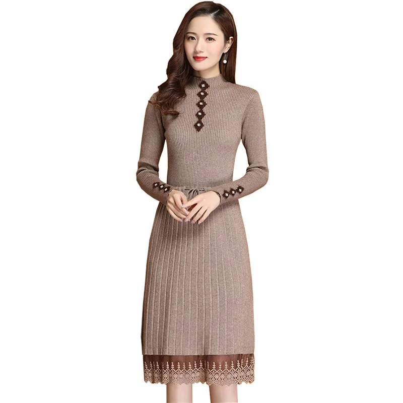 

New Autumn Winter Women Knitted Dress Fashion Long sleeve Thicken Bottoming Dress Female Slim Pullover Sweater Long Dresses 3351