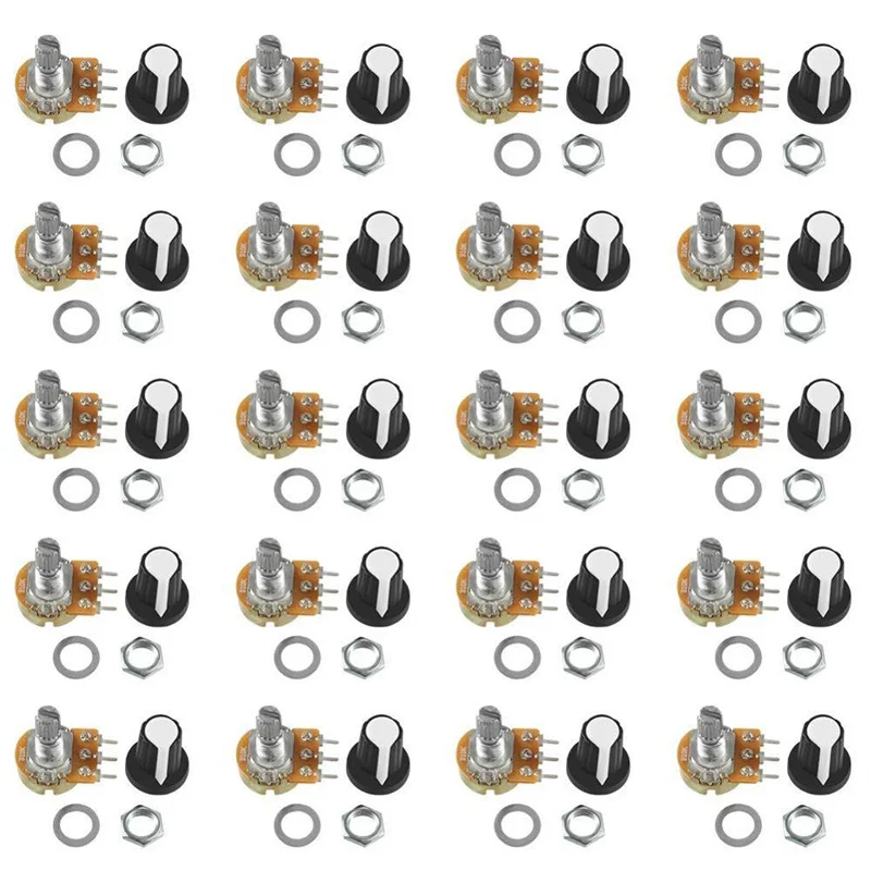 20 Stks/partij B10K 10K Rotary Taper Potentiometer Met Zwarte Knop (WH148) audio Kit Variabele Weerstanden Enkele Turn Potentiometer