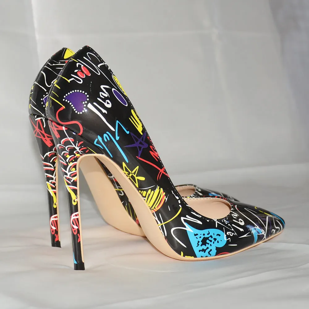 Veowalk Artistic Graffiti Print Women Sexy Stiletto High Heels Black Ladies Party Pointed Toe Pumps Shoes Customized Accept