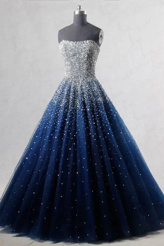 Luxury Handmade Beaded Ball Gown Off Shoulder Tulle Long Navy Blue Black Girls Favorite Party Dress