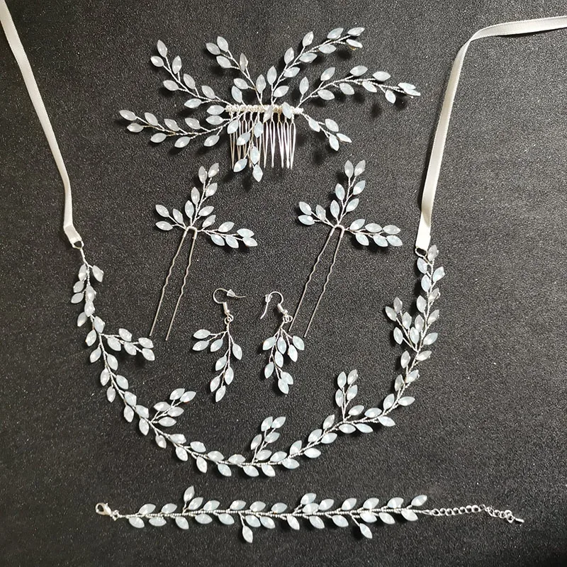 

SLBRIDAL Handmade Rhinestone Austrian Opal Crystal Bridal Wedding Headband Hair Pin Hair Comb Bracelet Earring Women Jewelry Set