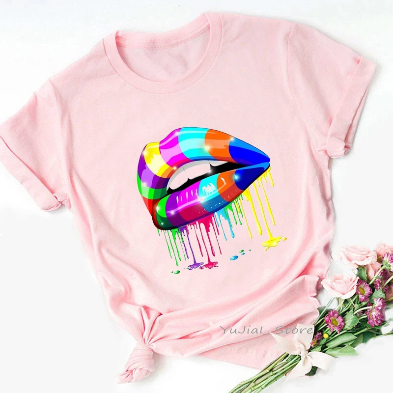 

Watercolor Rainbow Lips Print Women Tshirts Funny Pink T Shirt Femme Harajuku Shirt Hip Hop Cool Female T-Shirt Streetwear