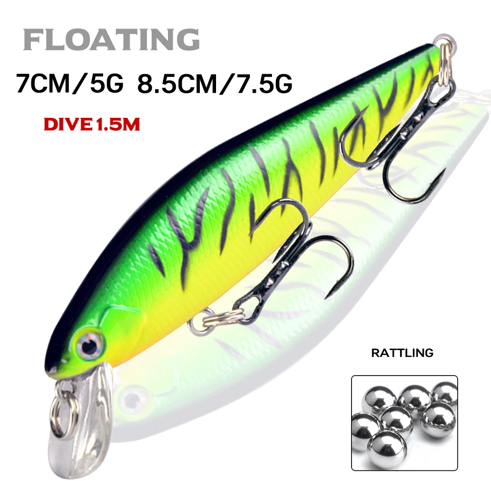 New Floating Minnow Fishing Lure 7cm 8.5cm 5g 7.5g Artificial Bait Hard Wobbler Dive 1.5m Crankbait For Pike Bass