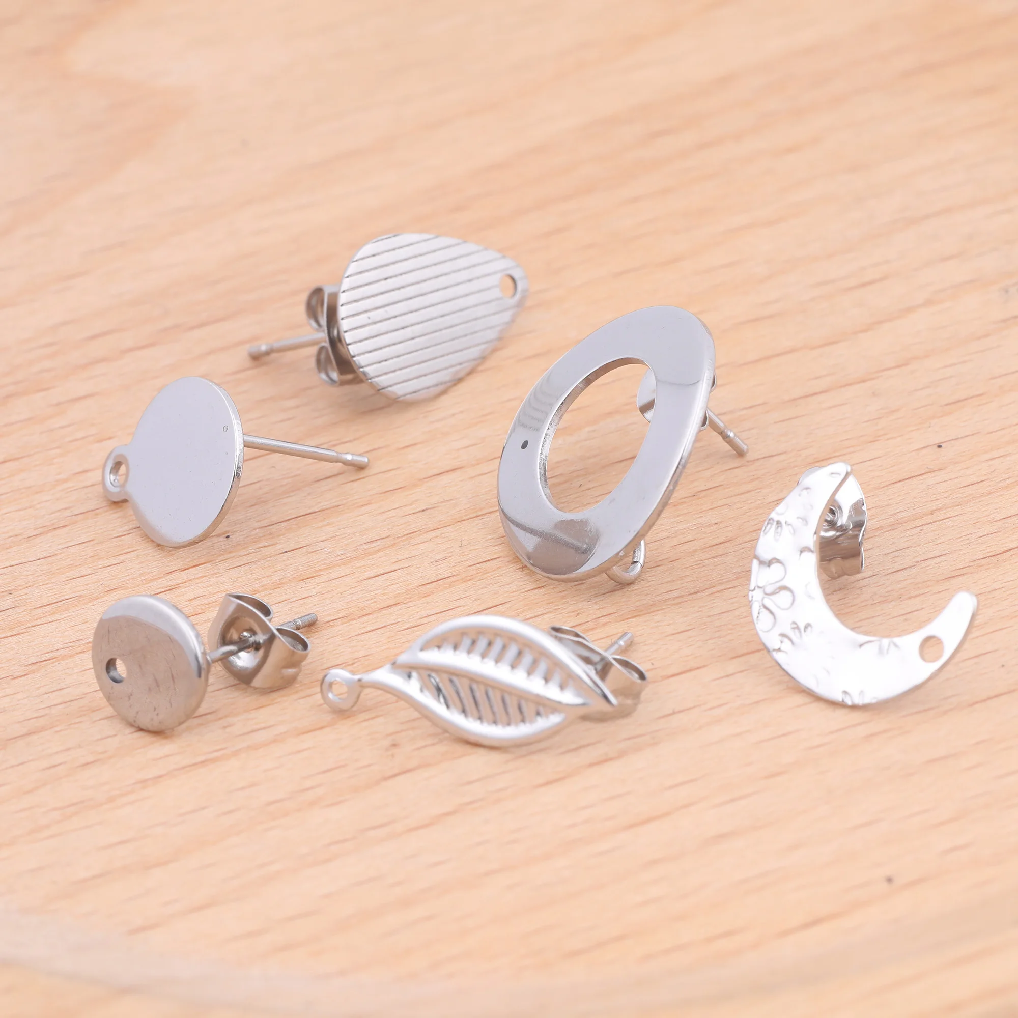 20pcs Stainless Steel Moon Circle Teardrop Stud Earring Posts With Loop Diy Ear Connectors For Jewelry Maing Supplies