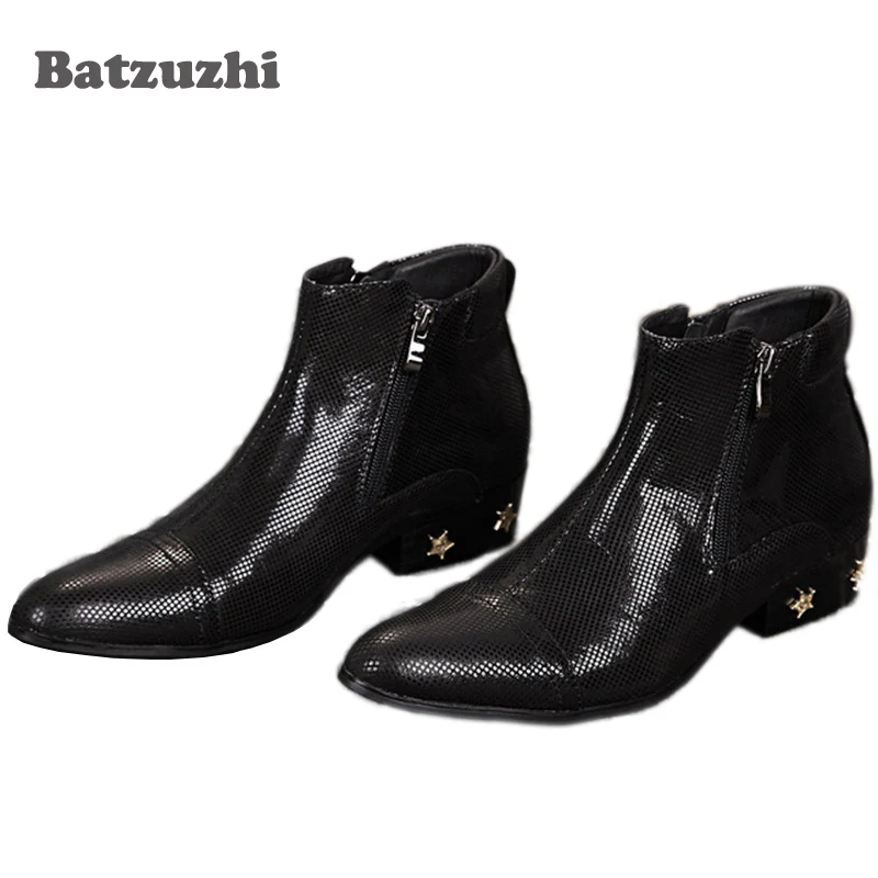 

Batzuzhi Italian Style Black Man's Ankle Boots Pointed Toe Zipper Simple Elegent Men Boots Stars Decoration, EU38-46!