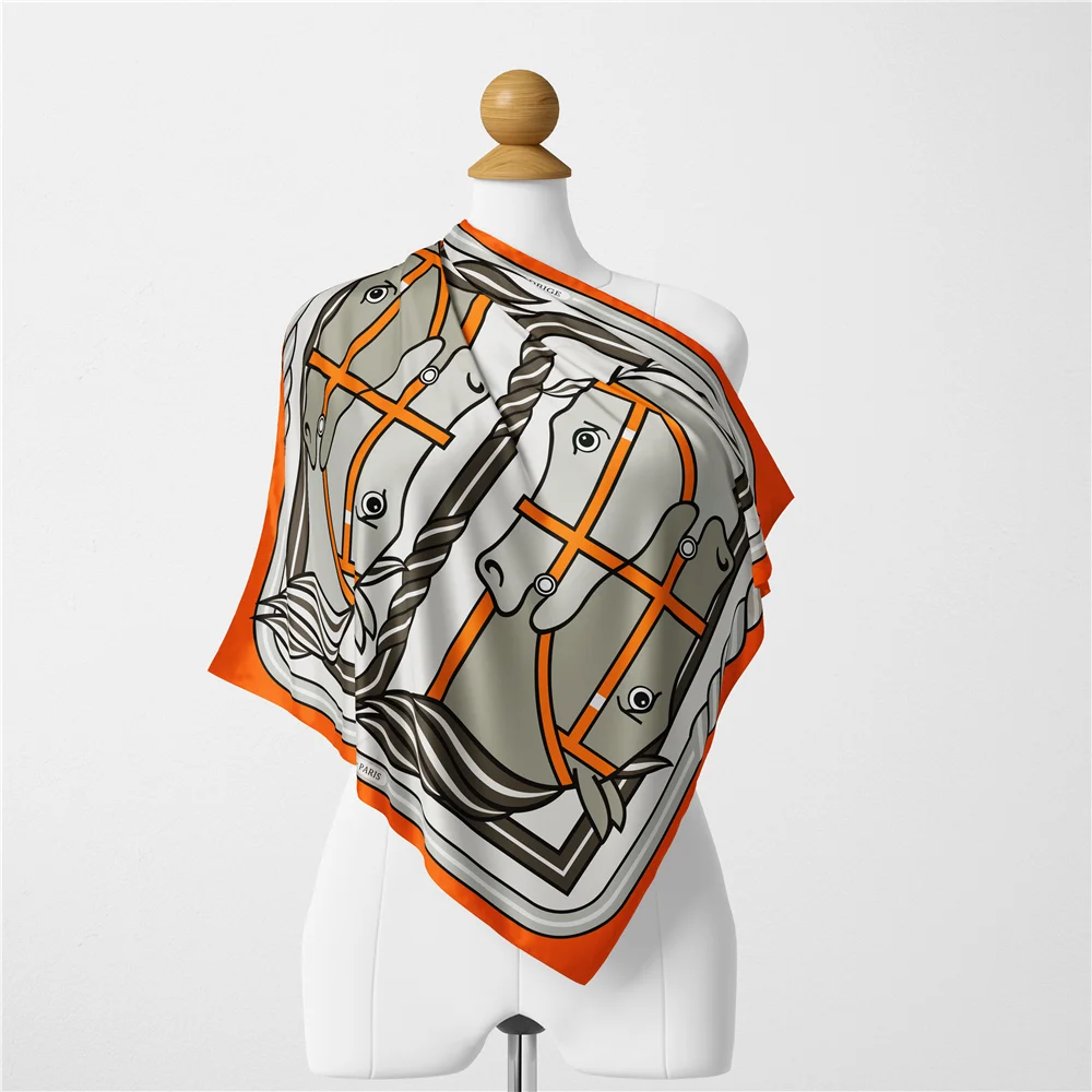Twill Seide Schal Frau Pferd Kopf Malerei Quadrat Schals Wraps Bandana Kleine Hijab Seide Foulards Krawatte Stirnband Halstuch 53CM – Detail 4