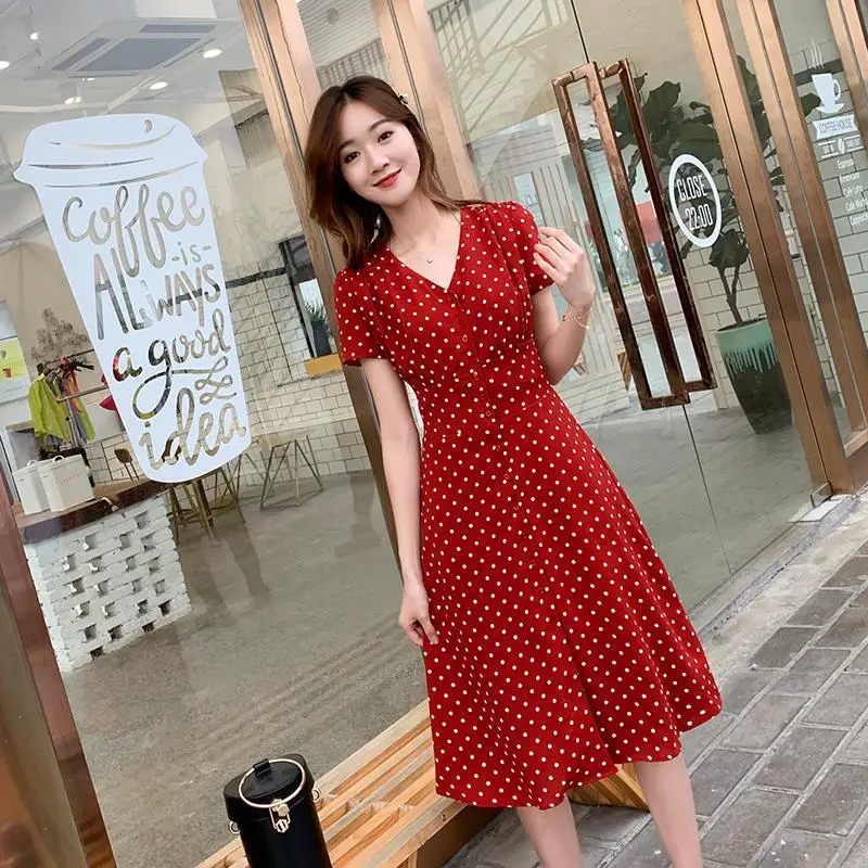 여름 레드 폴카 도트 드레스 소녀의 복고풍 중간 길이 여성 드레스 vestido de mujer femme robe