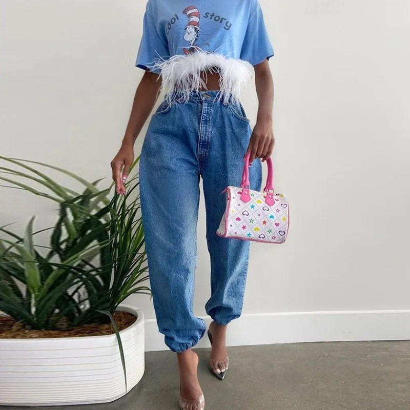 Fashion Denim Blue Mom Jeans Legs High Waist Corset Loose Feet Women Street Clothing Swag Shaped Bottom Pants Fall 2022 Y2k