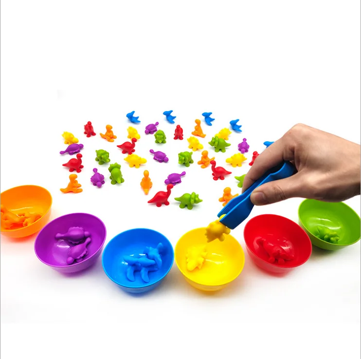 Oso dinosaurio con conteo de arcoíris con tazas de clasificación a juego, juguete matemático Montessori, juguetes de aprendizaje de Color preescolar para juegos de niños pequeños