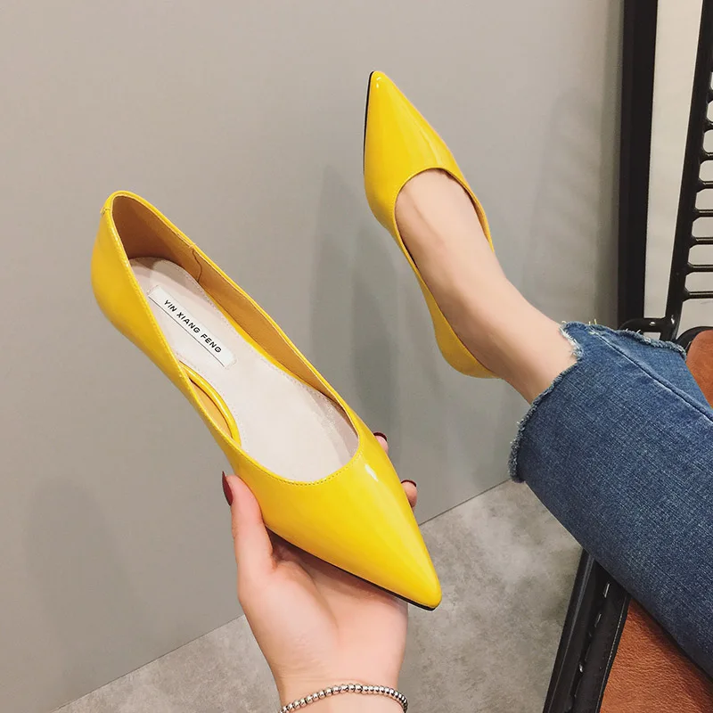 Flat Heel Shoes Women Pointed Toe Patent Leather Lemon Yellow Wine Red Lady Fashion Flats Candy Color Flat Sole Large Size 42 43