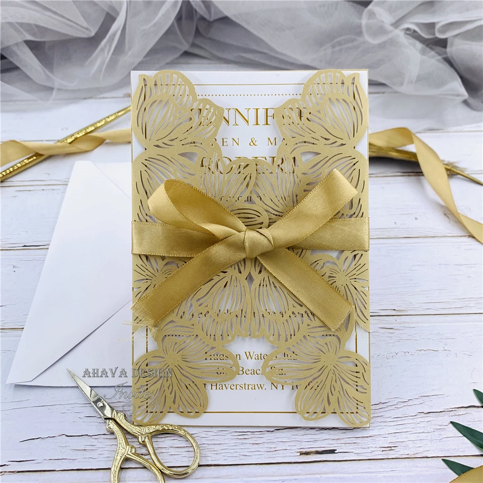 

Graceful Gold Shimmery Laser Cut Wedding Invitation With Bowtie And Personalized Insert