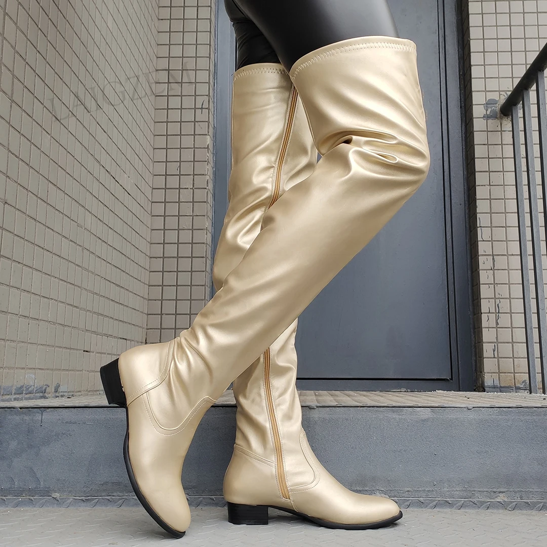 SEIIHEM Women Over Knee High Heeled Boots Side Zip Up Female Handmade Gold Silver Shoes Woman Donne Stivali Big Size 42 48 50 52