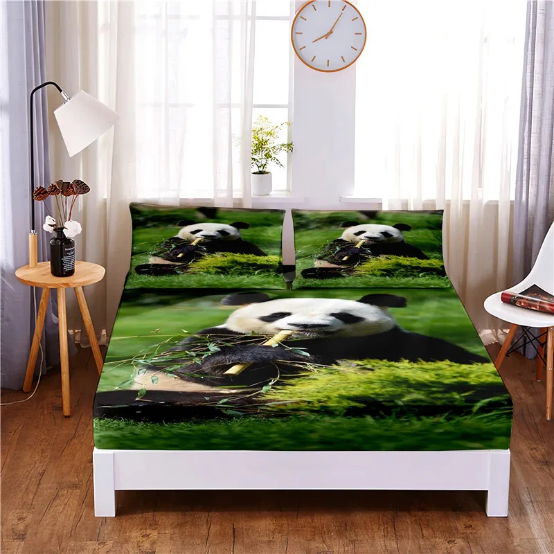 Panda Digital Printed 3pc Polyester  Fitted Sheet Mattress Cover Four Corners with Elastic Band Bed Sheet Pillowcases