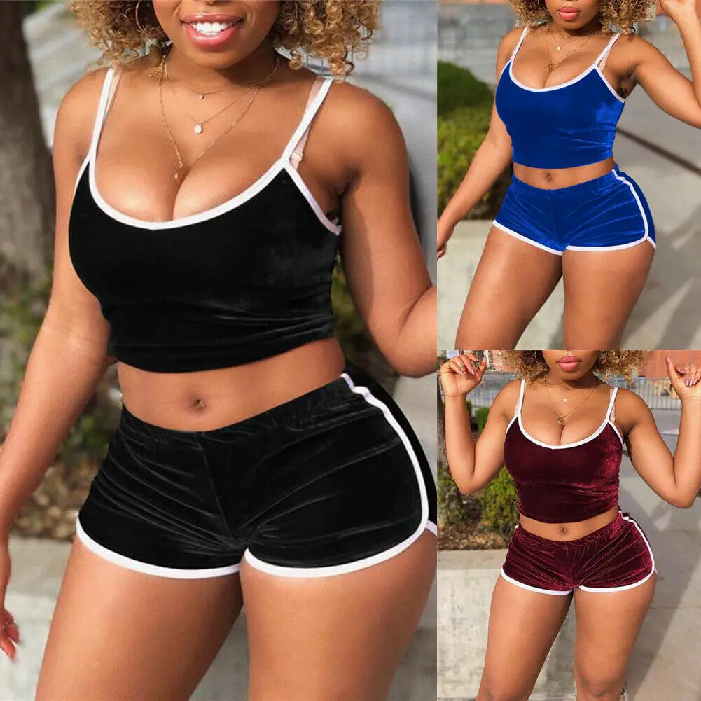 

Hirigin Women Summer Yoga Sets Sport Sleeveless Crop Tops Shorts 2Pcs Set Gym Fitness Velvet Solid Workout Clothes