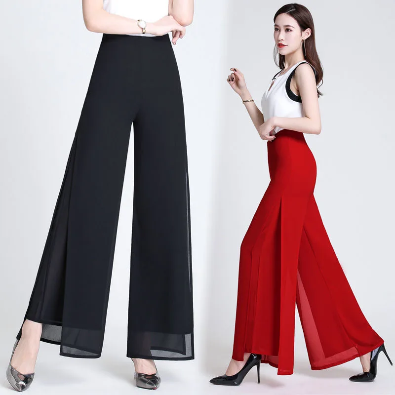 

2023 Fashion Summer double-layer Chiffon high side split waist Office OL lady elegant work suit harem wide leg femme pantalones