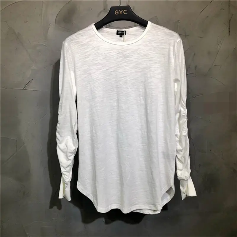 

Men's Long Sleeve T-Shirt Autumn/Winter New Round Collar Black Wash Personality Pleated Fashionable Loose T-Shirt Button Sleeve