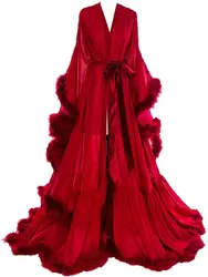 Red 2020 Feather Chiffon Evening Robe V Neck Bridal Robe Wedding Scarf Long Lingerie Robe Nightgown Bathrobe Sleepwear with Bel
