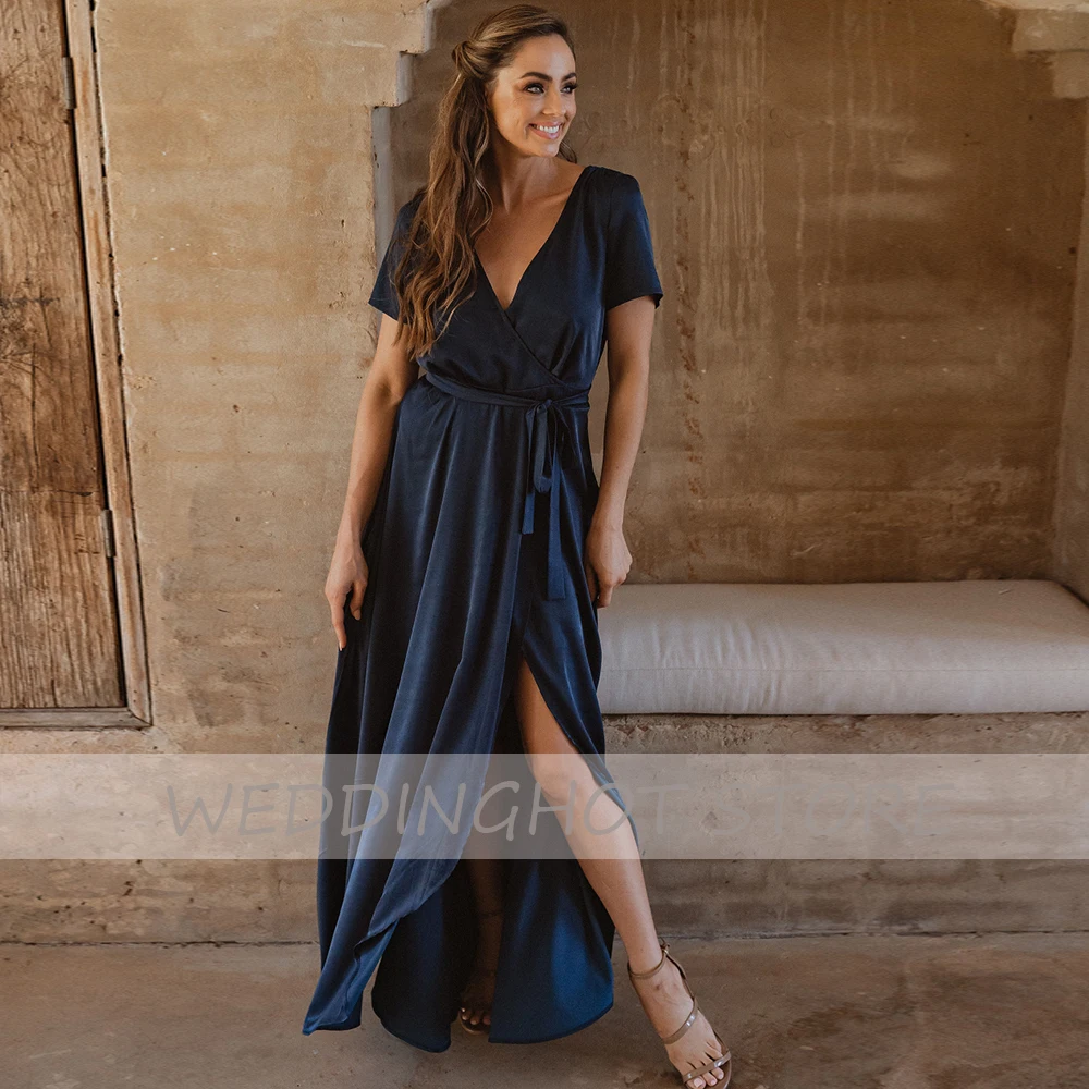 Dark Blue Evening Dresses 2021 Sisters Sexy Deep V-Neck Velour Party Dress Simple Side Split A-Line Prom Gown vestidos de fiesta