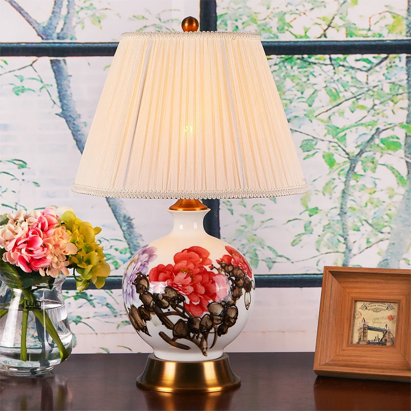 Modern ceative flower ceramic Table Lamps Chinese style touch switch copper fabric E27 deco lamp bedside&foyer&studio JTSJ011