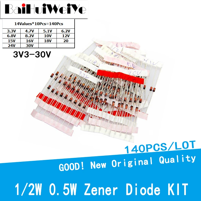 140PCS/LOT 1/2W 0.5W Zener Diode Kit DO-41 3.3V-30V Component Diy Kit 14Values*10Pcs Assortment Set New Electronic Diy SET